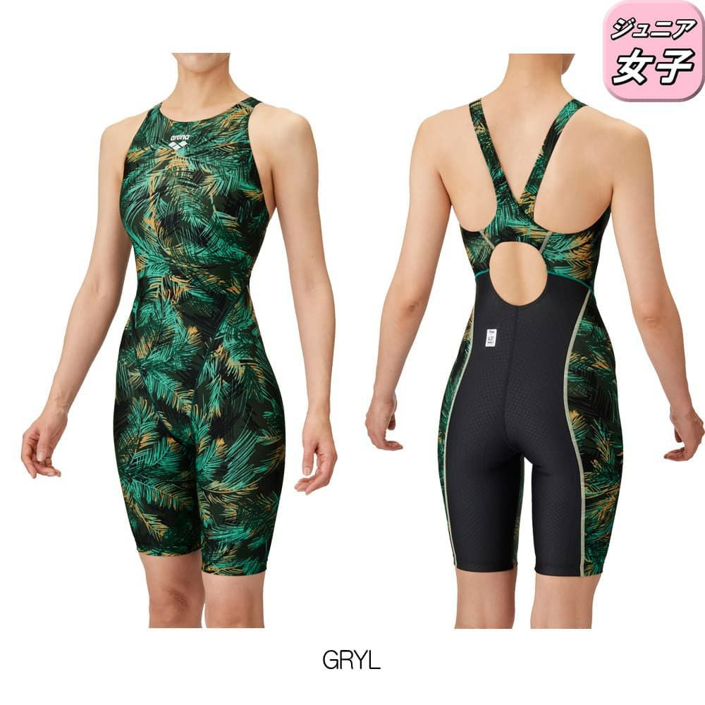 アリーナARENA競泳水着ジュニア女子WA承認モデルレーシングワンピーススパッツオープンバックハーフレッグオールインワンAQUARACINGAQUASTRIPE-D2025年春夏モデルAS5SRC61Gfinaマークあり