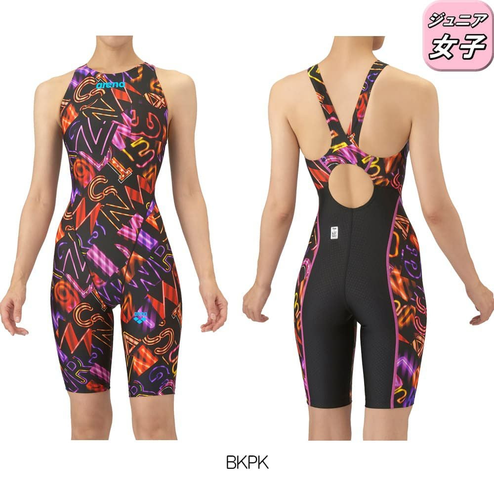 アリーナARENA競泳水着ジュニア女子WA承認モデルレーシングワンピーススパッツオープンバックハーフレッグオールインワンAQUARACINGAQUASTRIPE-D2025年秋冬モデルAS5FRC61Gfinaマークあり