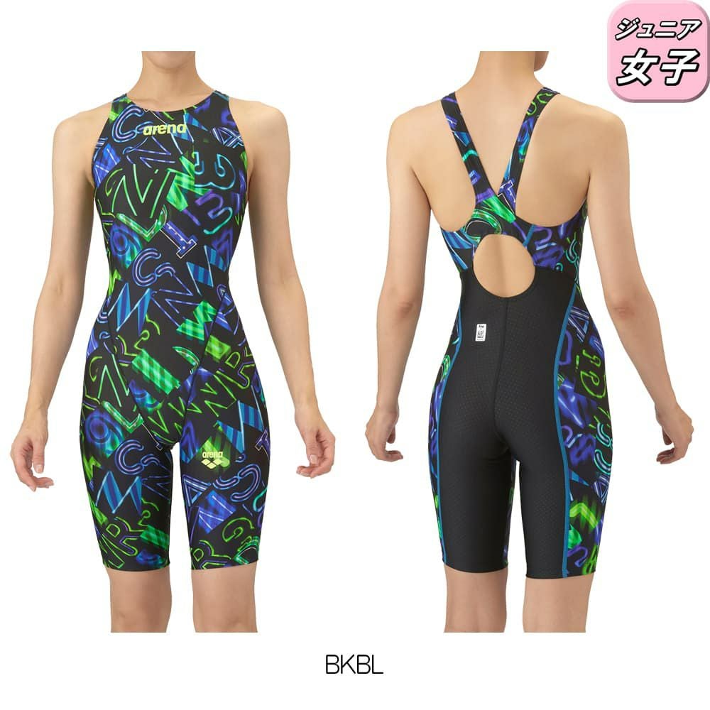 アリーナARENA競泳水着ジュニア女子WA承認モデルレーシングワンピーススパッツオープンバックハーフレッグオールインワンAQUARACINGAQUASTRIPE-D2025年秋冬モデルAS5FRC61Gfinaマークあり