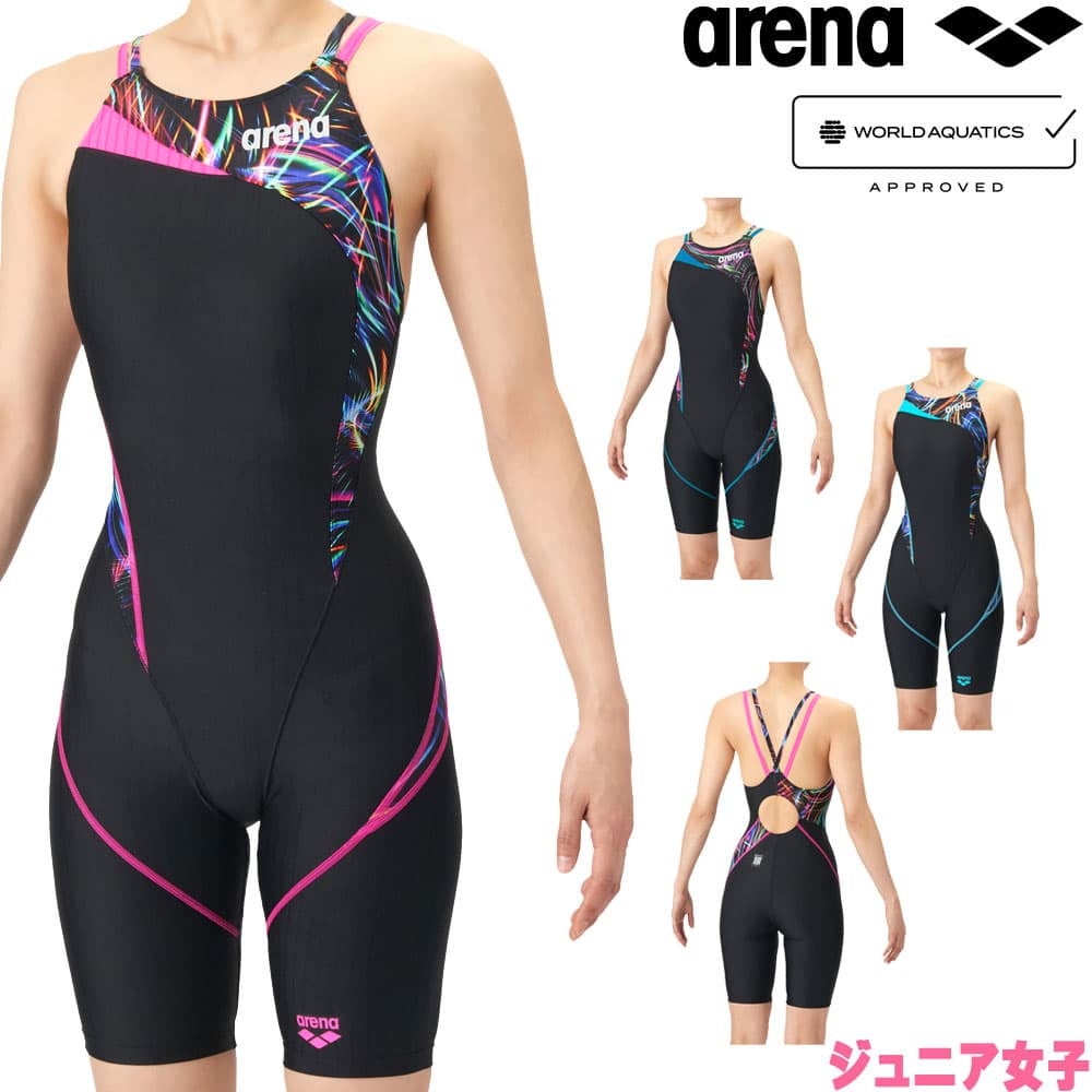 アリーナARENA競泳水着ジュニア女子WA承認モデルダブルストラップECOAQUARACINGECOAQUASTRIPE-Dレーシングワンピーススパッツオープンバックハーフレッグオールインワン2026年春夏モデルAS6SRC75Gfinaマークあり