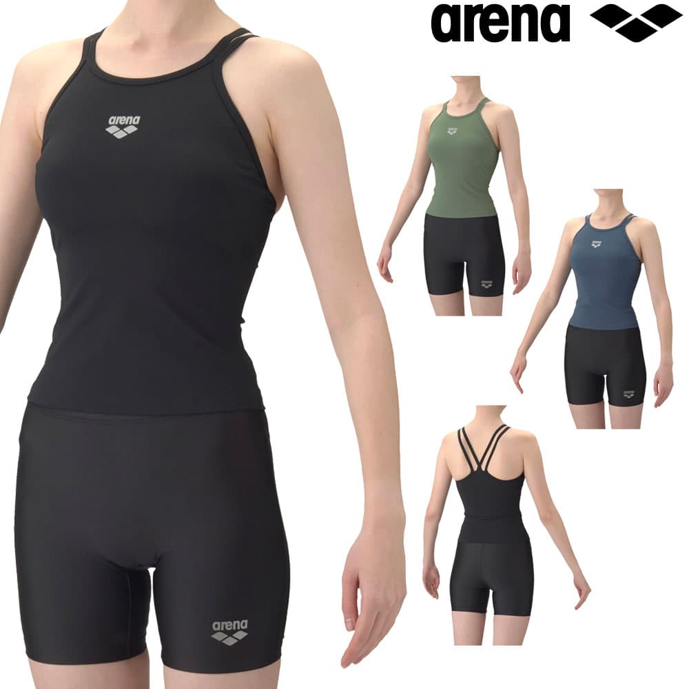 アリーナARENAフィットネス水着レディースダブルストラップハイウエストリブニットフィットネスセパレートミドルレッグ差し込みパッドパッド付き2026年春夏モデルAS6SWF51L