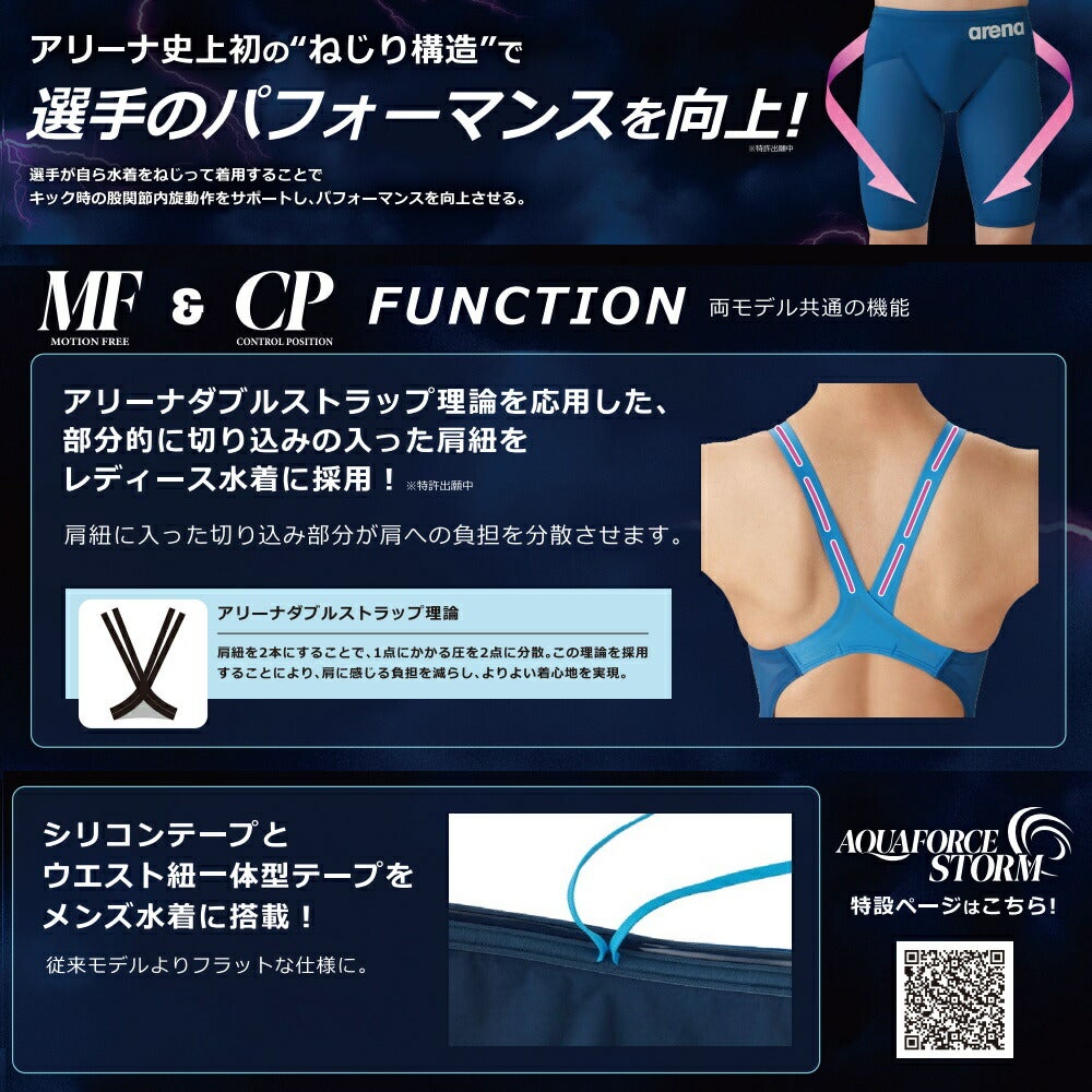 ARENAアリーナ競泳水着レディースアクアフォースストームAQUAFORCESTORMMFレーシングワンピーススパッツオープンバック・ハーフレッグ高速水着中距離長距離選手向きfinaマークありAS6SRC02L-2