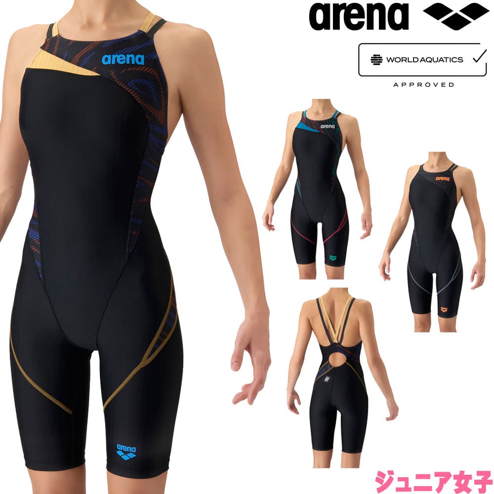 アリーナARENA競泳水着ジュニア女子WA承認モデルレーシングワンピーススパッツオープンバックハーフレッグオールインワンECOAQUARACINGダブルストラップECOAQUASTRIPE2026年秋冬モデルAS6FRC75Gfinaマークあり