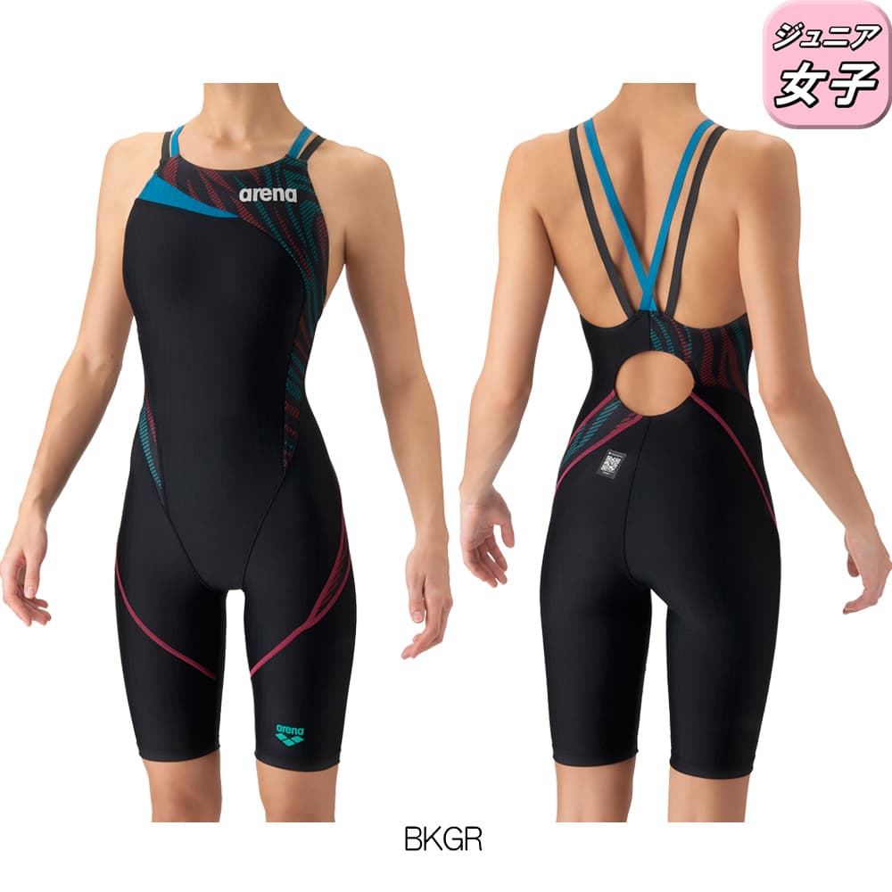 アリーナARENA競泳水着ジュニア女子WA承認モデルレーシングワンピーススパッツオープンバックハーフレッグオールインワンECOAQUARACINGダブルストラップECOAQUASTRIPE2026年秋冬モデルAS6FRC75Gfinaマークあり
