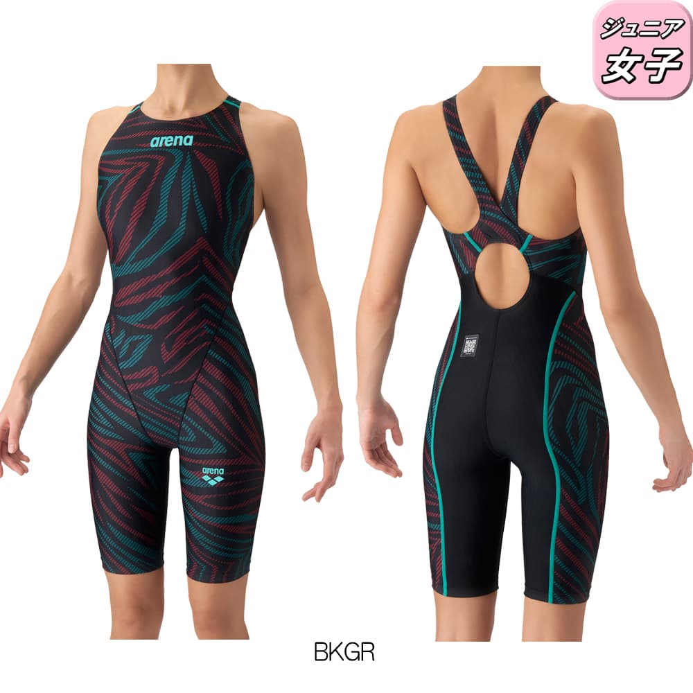 アリーナARENA競泳水着ジュニア女子WA承認モデルレーシングワンピーススパッツオープンバックハーフレッグオールインワンECOAQUARACINGECOAQUASTRIPE2026年秋冬モデルAS6FRC76Gfinaマークあり