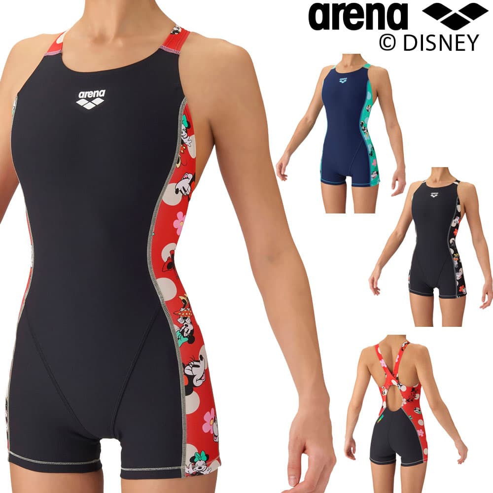 アリーナARENA競泳水着練習用水着レディーストレーニングワンピーススパッツオープンバックミドルレッグオールインワンタフスーツタフスキンEディズニー“ミニー”競泳練習水着2026年秋冬モデルAS6FWM52L
